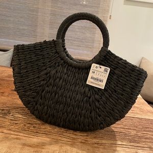 ZARA Black Woven Raffia Straw Tote Bag